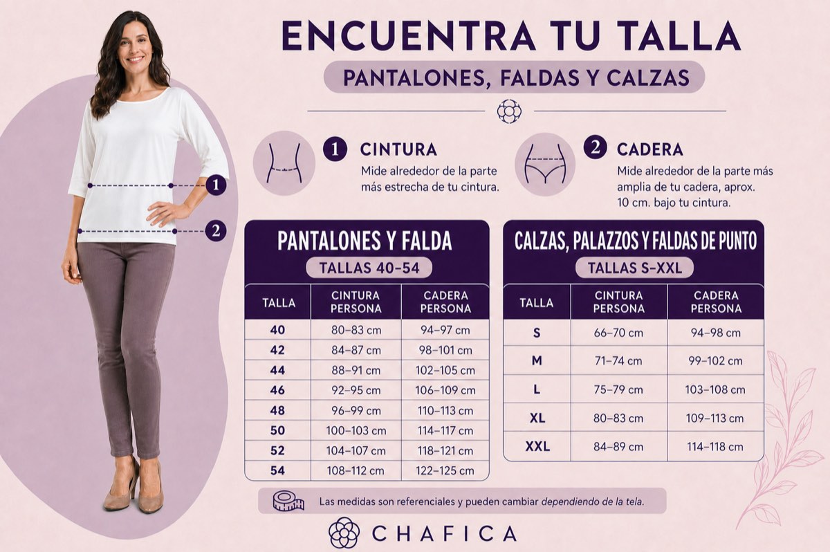 Guía de tallas Chafica para pantalones, faldas y calzas: medidas de cintura y cadera de la talla 40 a la 54 y de la S a la XXL